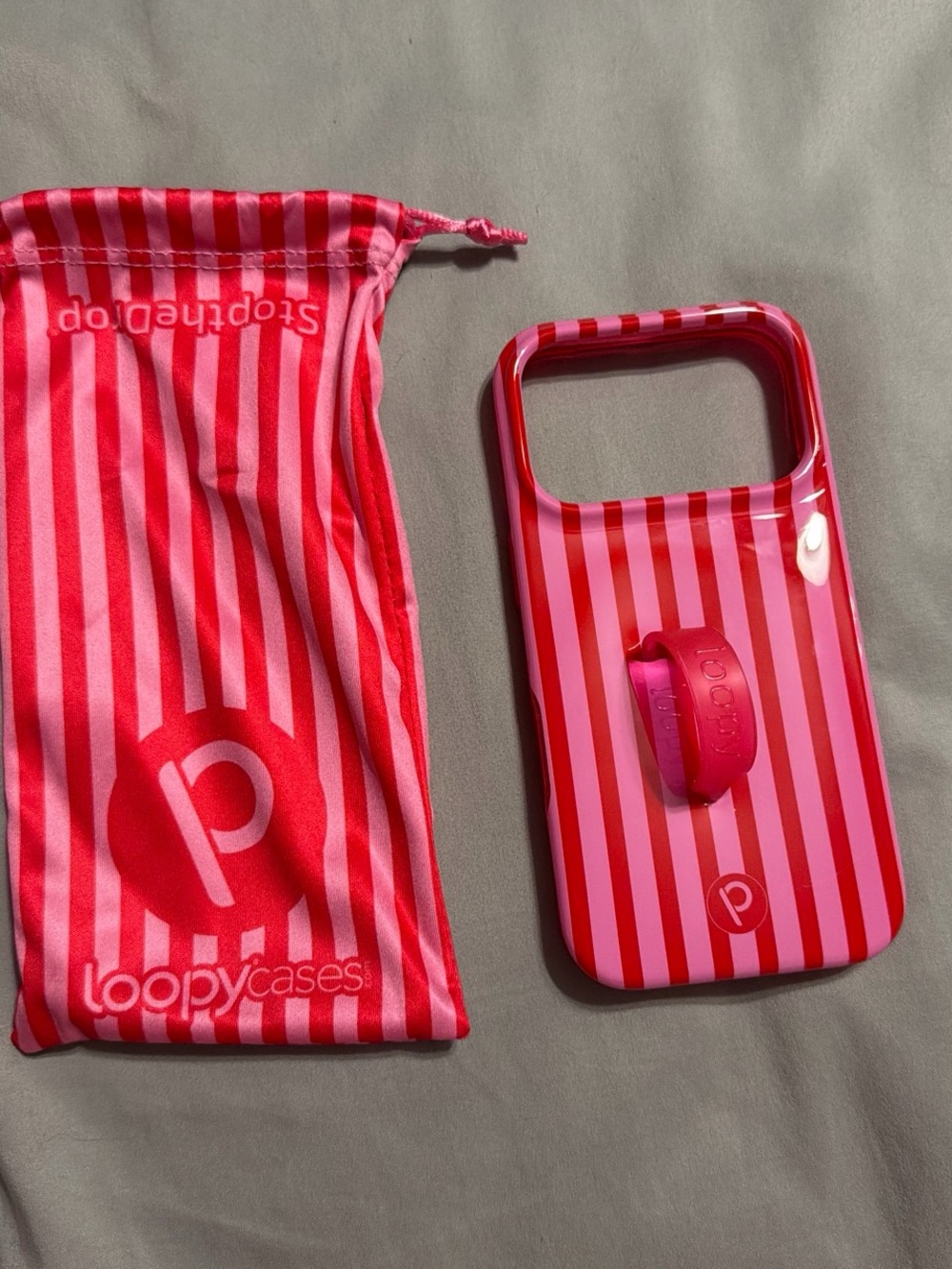 Loopy Case Pink Red Stripe iPhone Case with Loopy Grip 17 pro righty